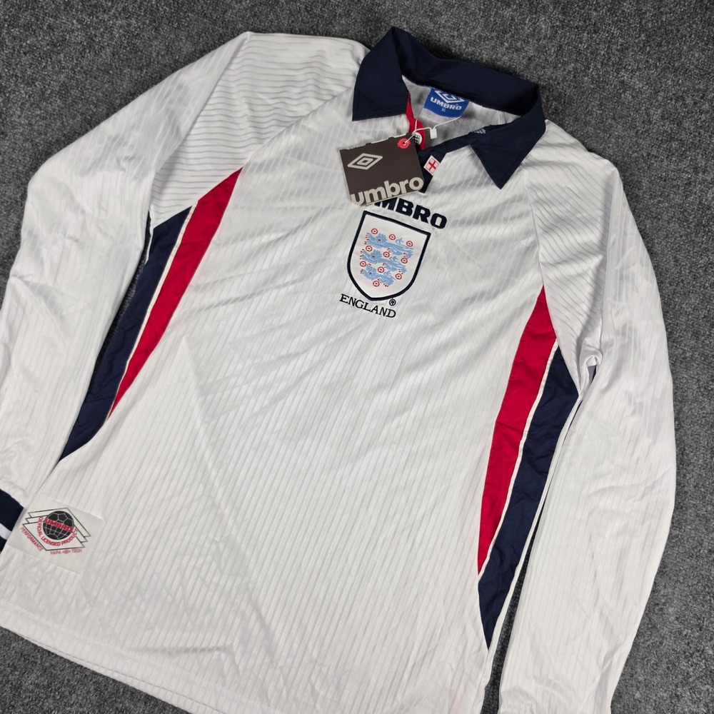 Vintage 1998 Umbro England Beckham 7 Jersey Mens XL White Long Sleeve NWT
